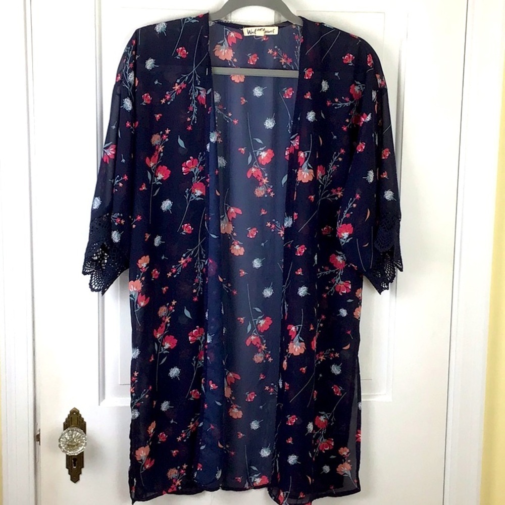 Wallflower Women’s Open Front Floral Kimono Size M Blue Sheer Lace Trim Y2K Boho